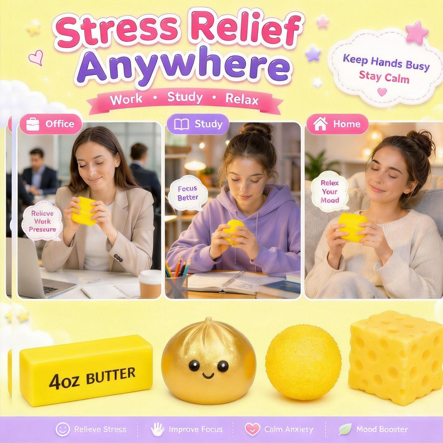 4-Pack Soft Squishy Toys Set - Mixed Slow & Fast Rebound Sensory Fidget Toys for Kids Adults Party Favors Birthday Gift