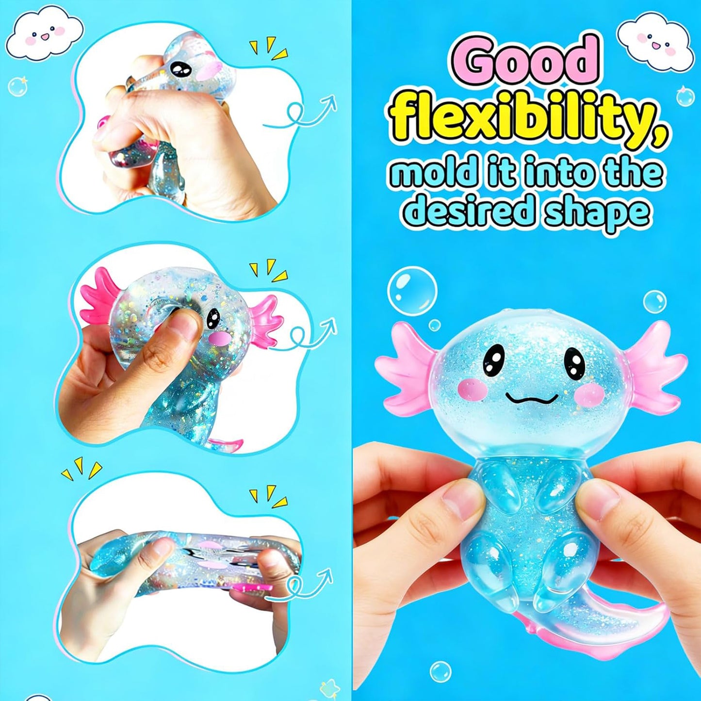 Soft Glitter Axolotl Squishy Squeeze Sensory Fidget Toy for Kids & Adults Gifts Party Favors Prizes