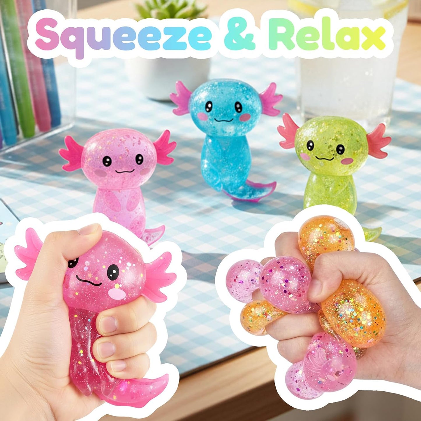 Soft Glitter Axolotl Squishy Squeeze Sensory Fidget Toy for Kids & Adults Gifts Party Favors Prizes
