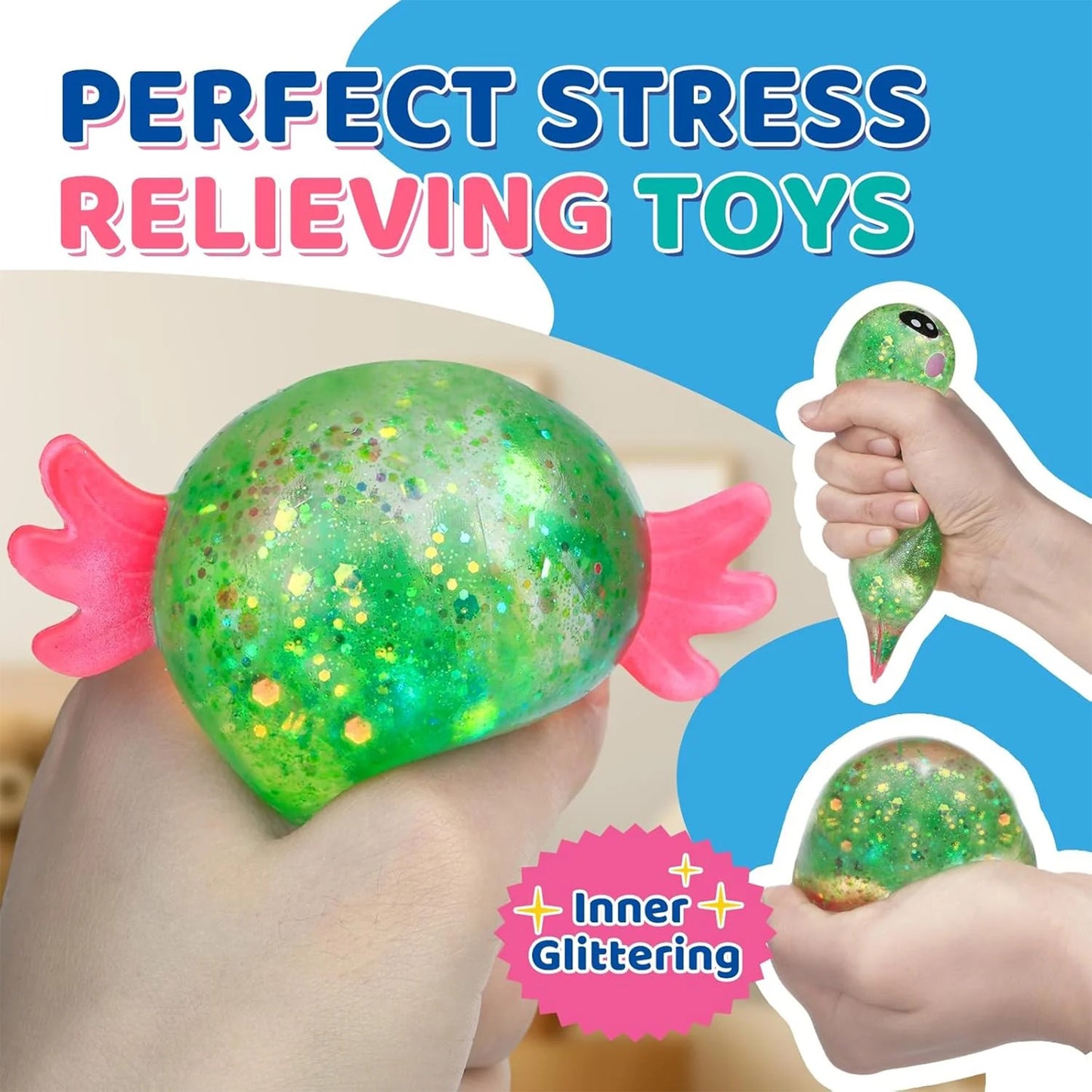 Soft Glitter Axolotl Squishy Squeeze Sensory Fidget Toy for Kids & Adults Gifts Party Favors Prizes