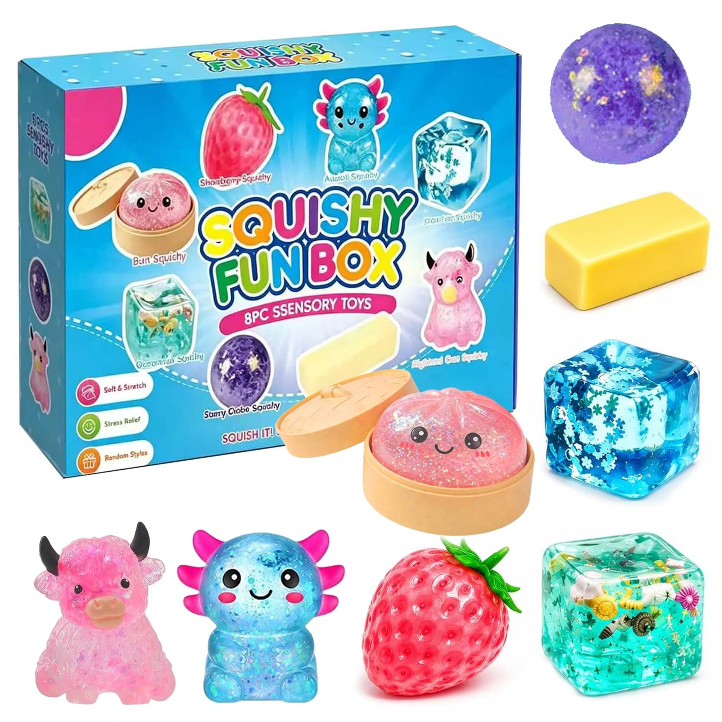 8 Pcs Slow-Rising Squishy Box Set, Malt Sugar Sensory Stress Relief Squeeze Fidget Toys