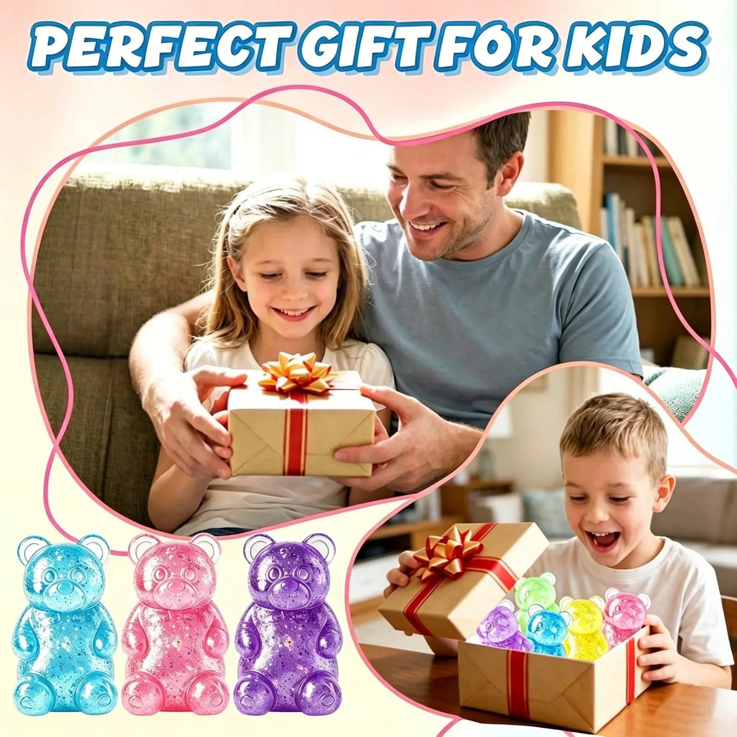 4-Piece Glitter Gummy Bear Squishy with Slow Rising Sensory Squishy Toys for Kids & Adults Birthday Gifts Party Favors